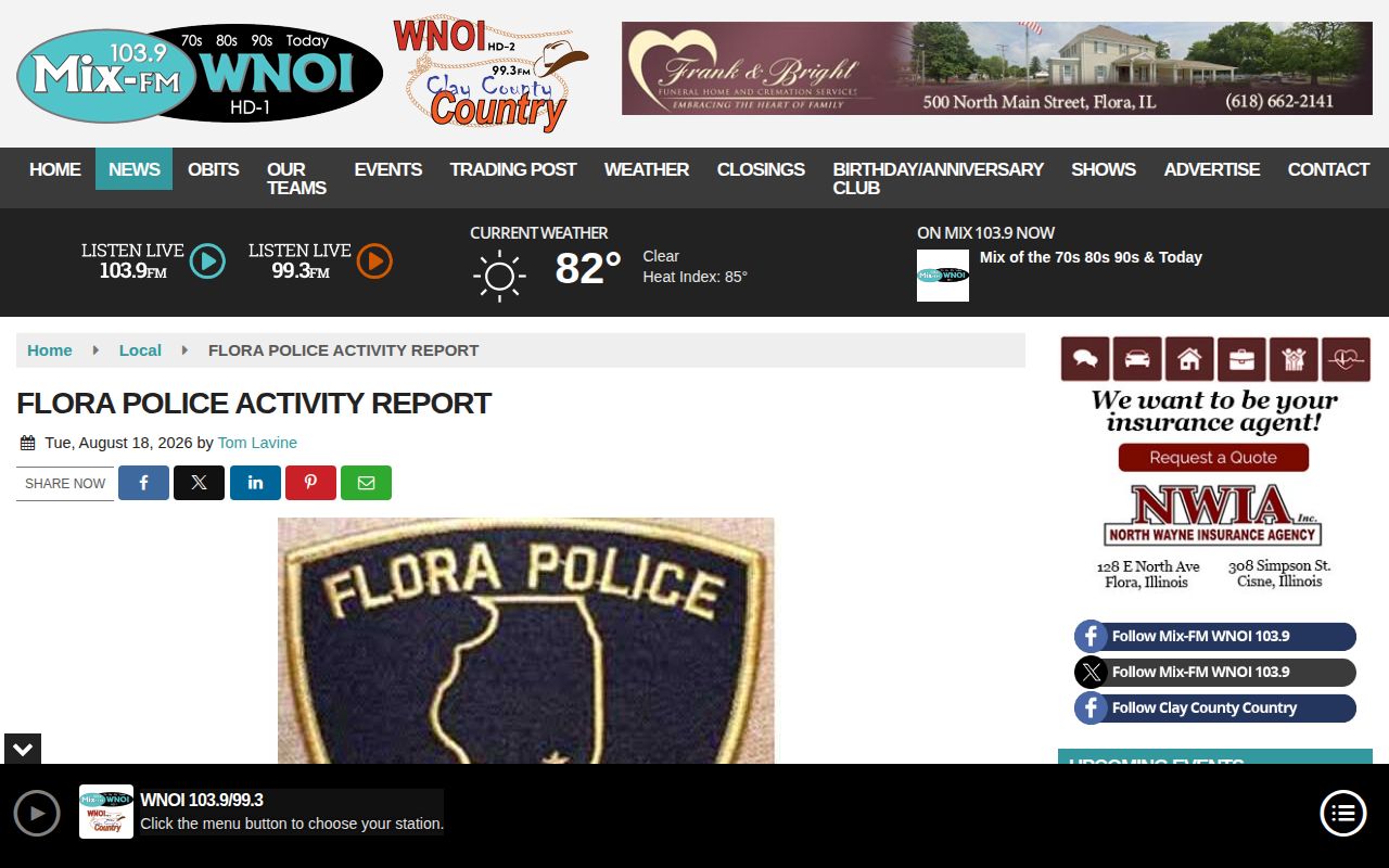 WNOI Flora Police activity report for Clay County city coverage