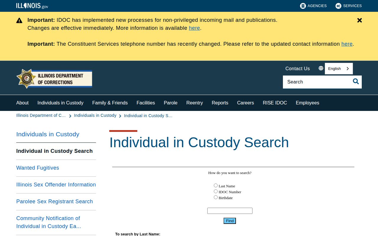 Illinois Department of Corrections offender search for state custody records and photos